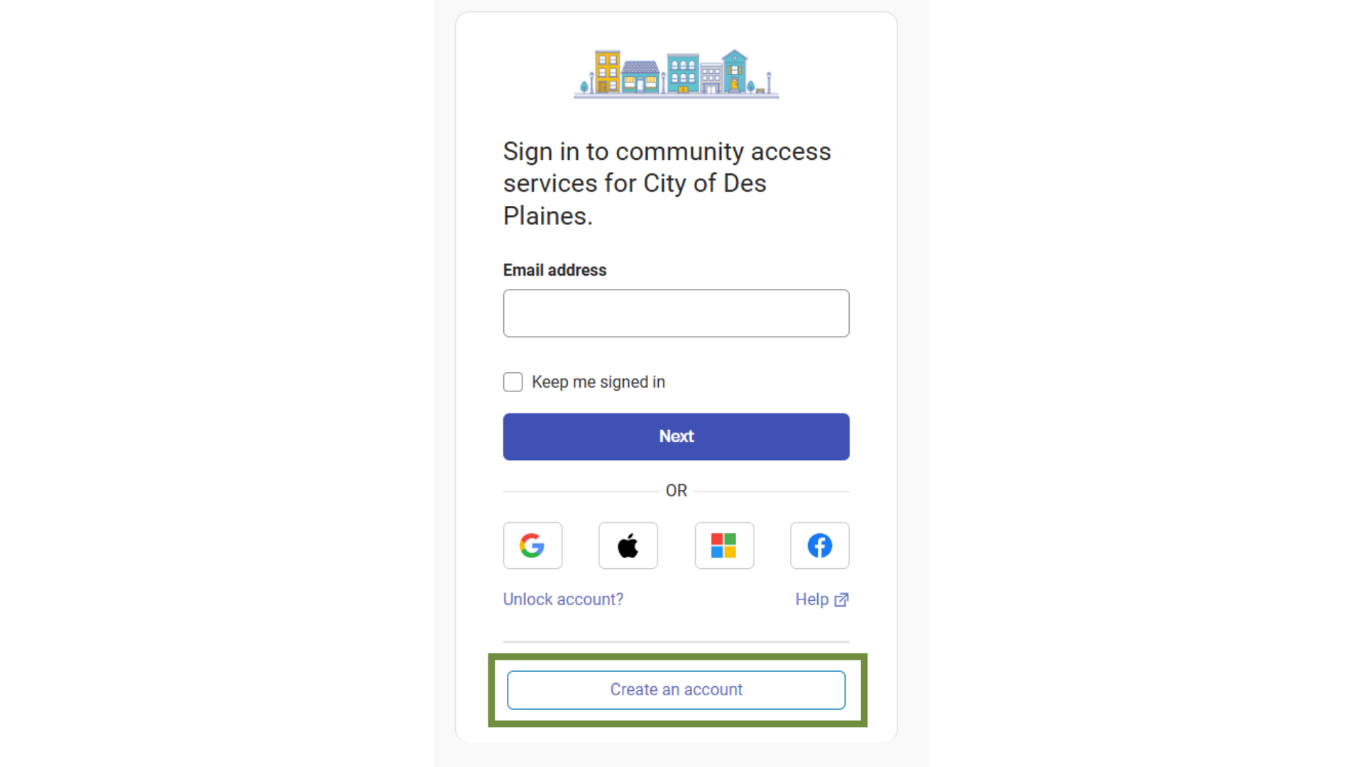 Payment portal screen with 'create an account' button highlighted