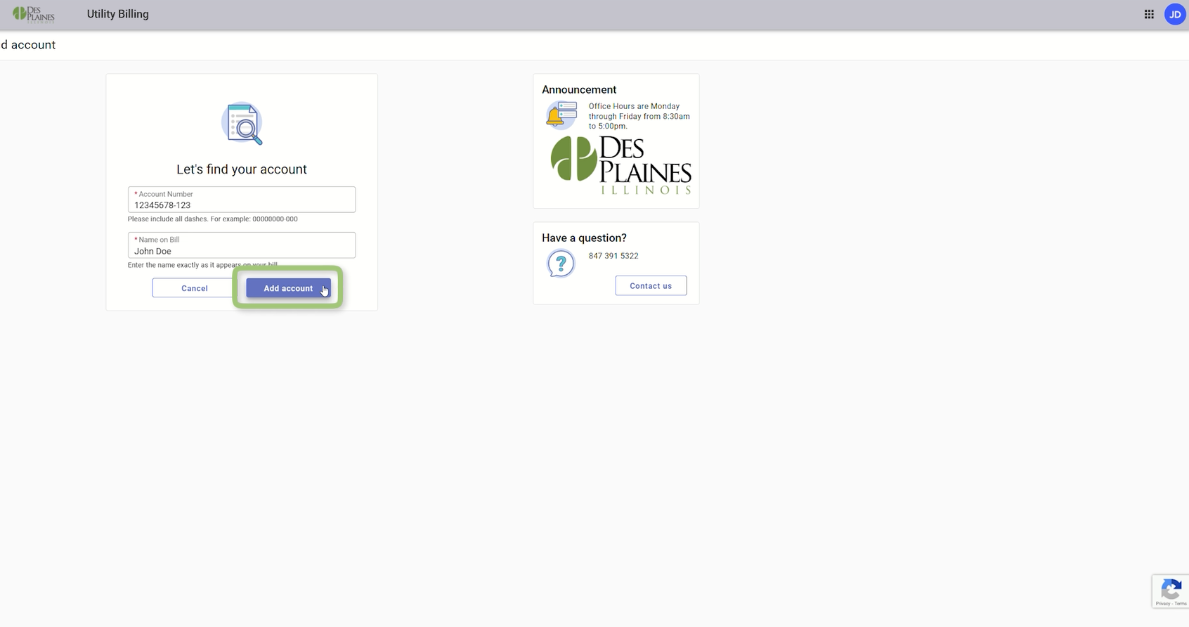 Find your account screen with 'Add Account' button highlighted