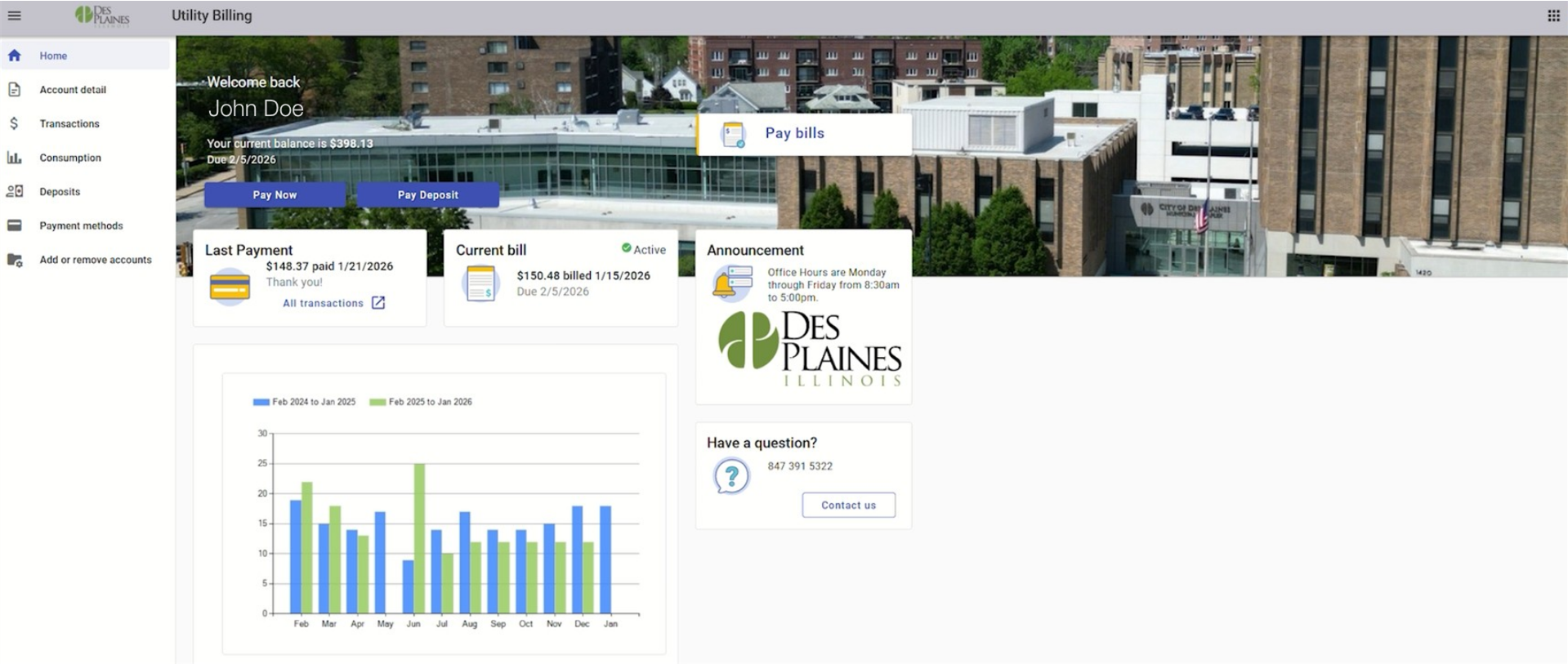 Utility billing homepage showing a balance for 'John Doe'